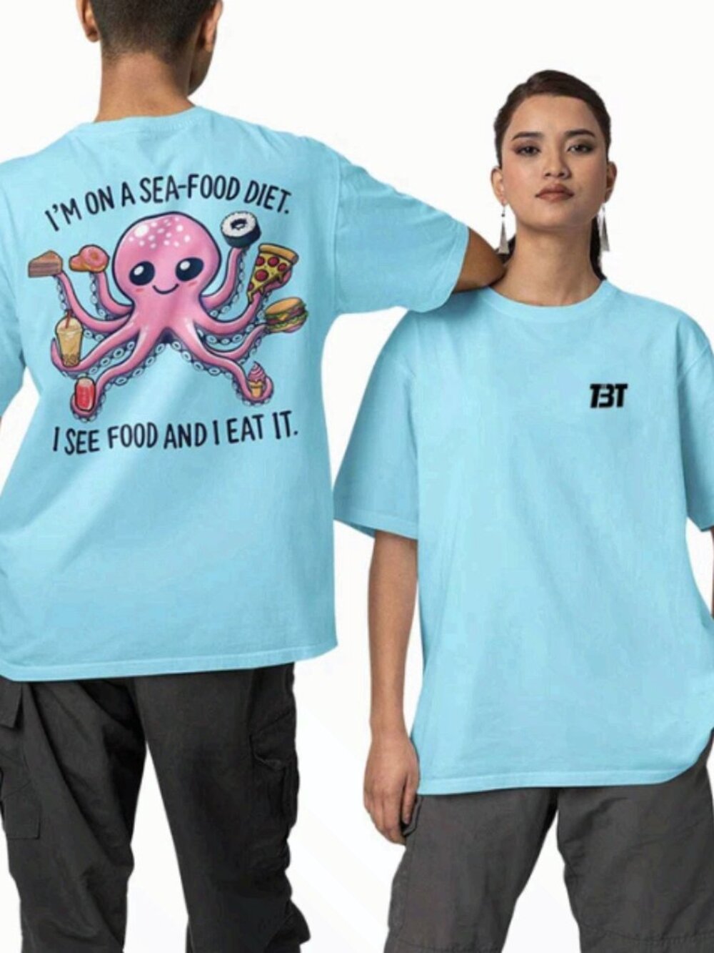 Cute Octopus Sea- Food Diet Graphic Light Blue T-Shirt